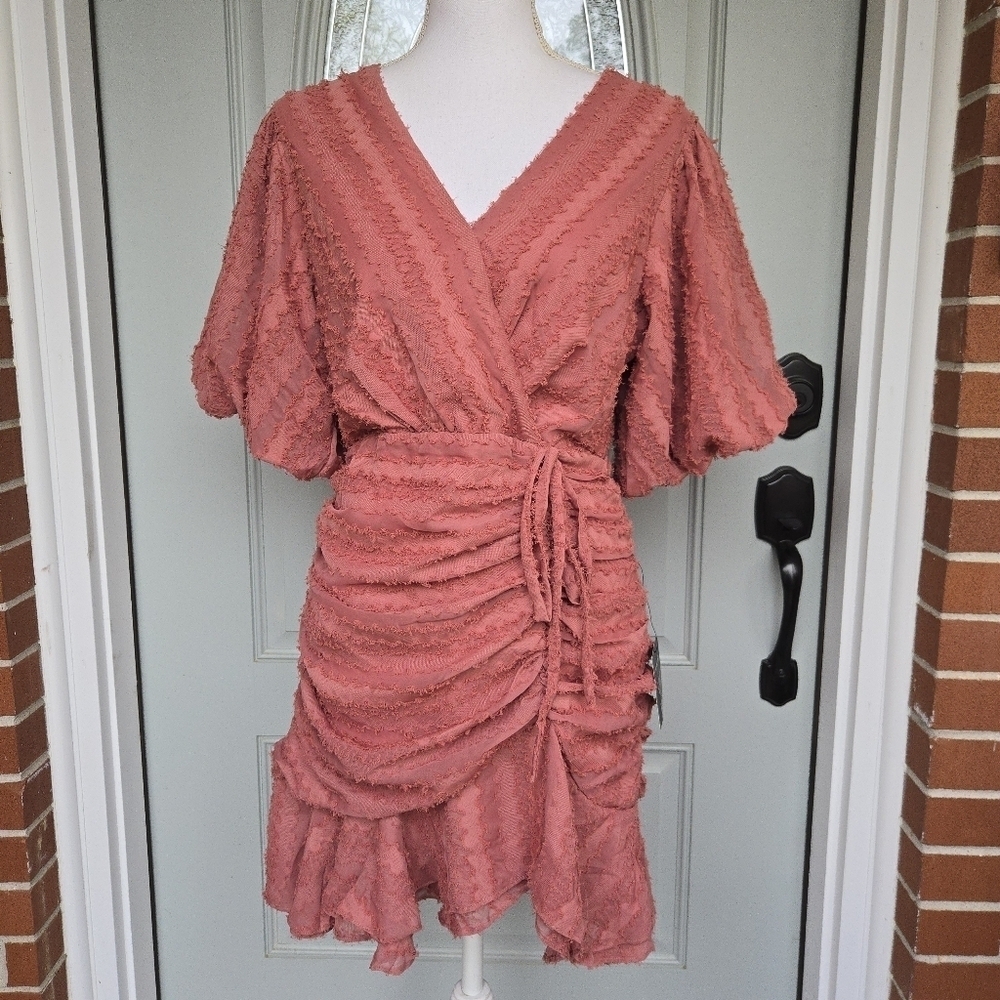 Nwt Lulu's Cherish This Moment Rusty Rose Ruched Asymmetrical Mini Dress